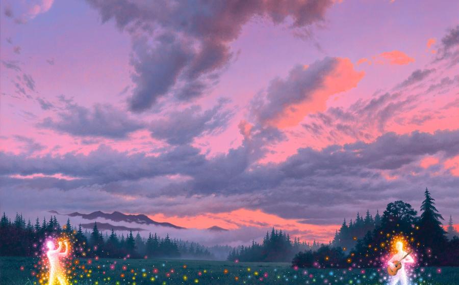 Painting of colorful skies, a green background, and two luminescent figures