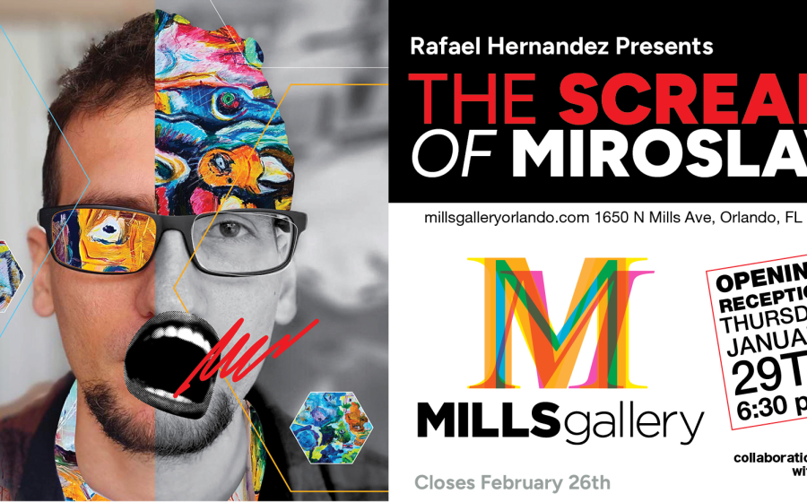 Artist rendering or the artist plus art, with the words The Scream of Miroslav on top