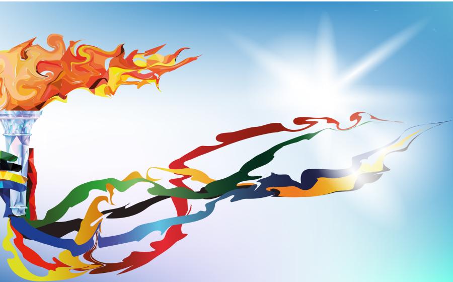 Torch, Flame. A hand from the Olympic ribbons holds the Cup