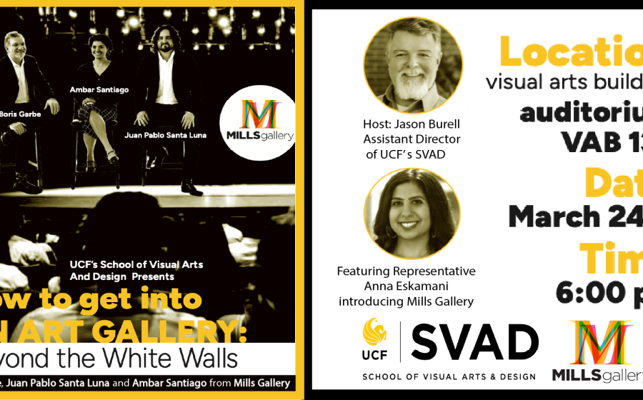 Flyer with half written information about an upcoming talk, and half a photo of three people talking