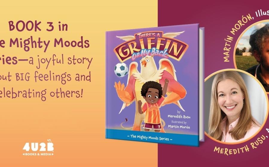 Multicolored graphic featuring a picture book, the author, and the illustrator