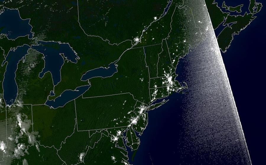Satellite imagery from the Northeast blackout of 2003. This image shows light activity from the night of the blackout, August 14