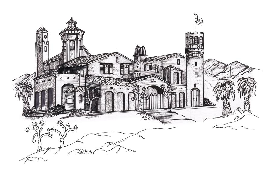 Line drawing of Scotty's Castle, Nevada, by artist Jessica Laughlin