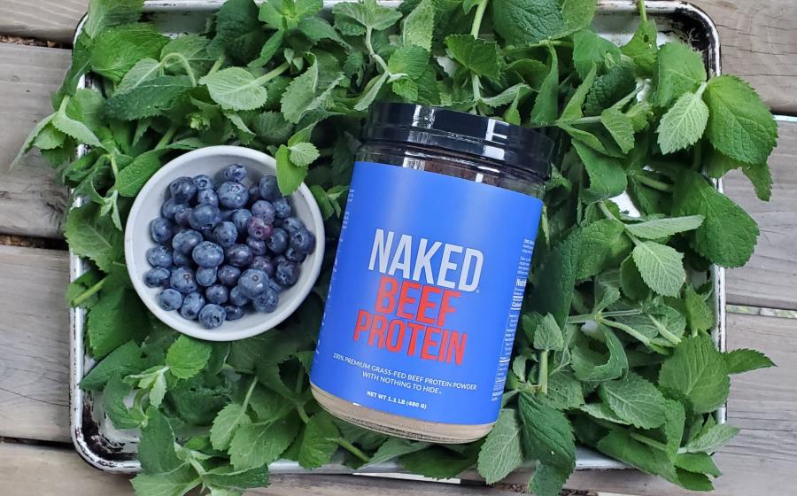 mint, blueberries, protein powder