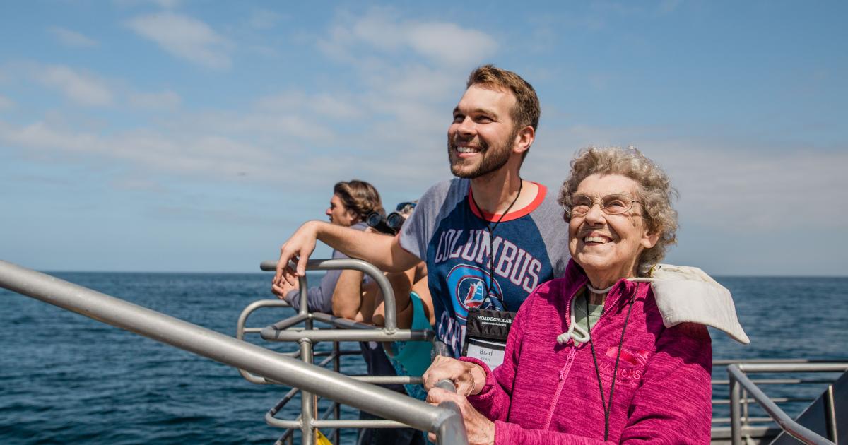 Grandmother and grandson traveling